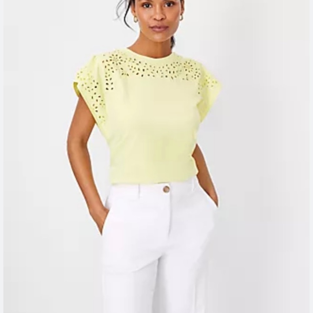NWT Ann Taylor eyelet cap sleeve cotton top pale citrine